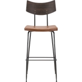 Soli Bar Stool w/ Seared Oak Back & Caramel Leather Seat on Metal Base